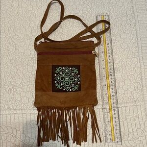 Brown Fringe Crossbody, Sling Bag with Embroidered Design